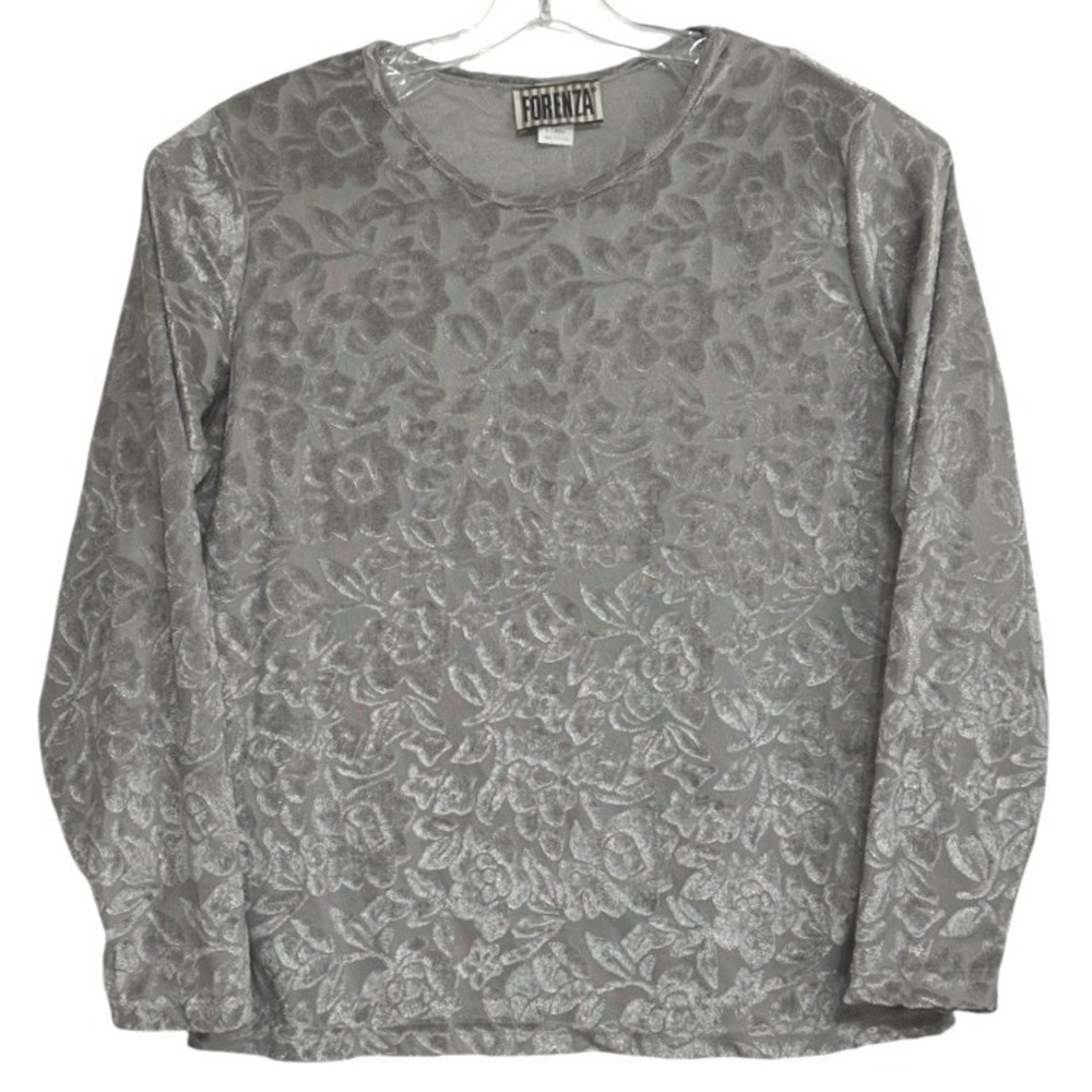 Vintage Forenza Burnout Velvet Top Womens Silver Gray Floral Y2K Whimsigoth XL
